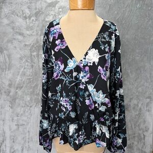 New‎ Long Sleeve V-Neck Black Purple Floral Top Womens XXL Gathered Waist Boho